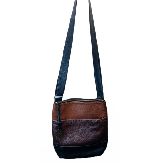 Allo Crossbody Bag Genuine Leather Three Tone Brown Black Medium Boho Purse - Picture 8 of 10